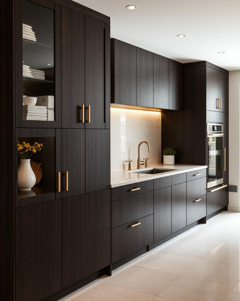 Cozinha planejada com cabinetry escuro e detalhes em latão
